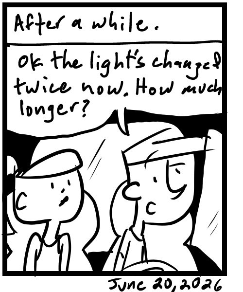 A four-panel comic about people watching a parade of naked bike riders at an intersection - Panel 4