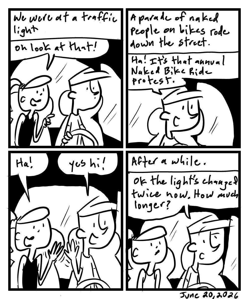 A four-panel comic about people watching a parade of naked bike riders at an intersection