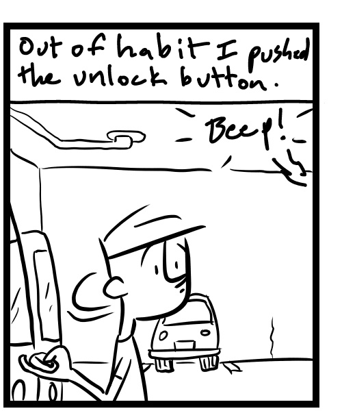 A four-panel comic about a person who's car is not in it's parking spot - Panel 2