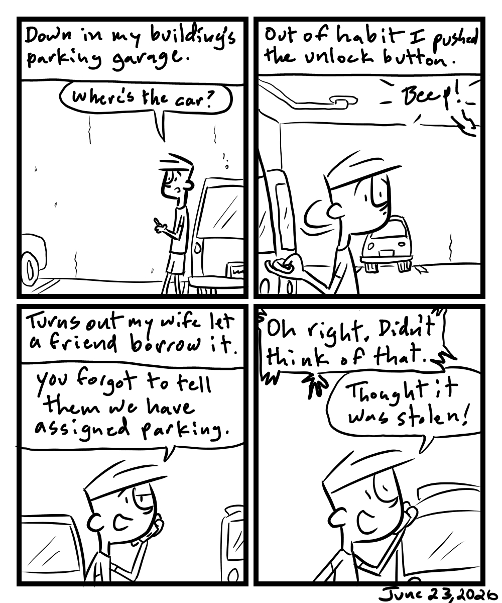 A four-panel comic about a person who's car is not in it's parking spot