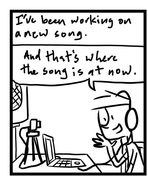 A four-panel comic about a person recording video and working on a song - Panel 1