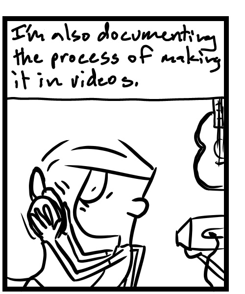 A four-panel comic about a person recording video and working on a song - Panel 2