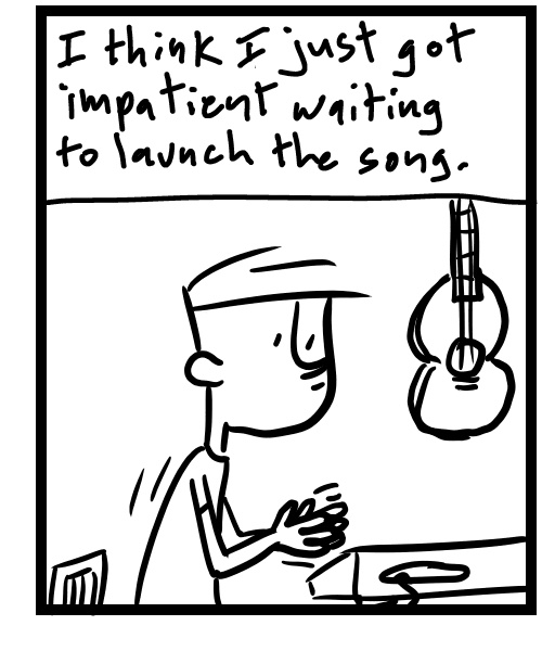 A four-panel comic about a person recording video and working on a song - Panel 3