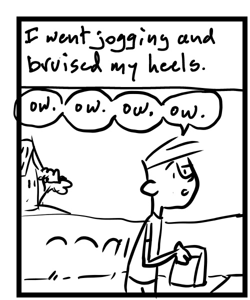 A four-panel comic about a person walking on buised heels while delivering food - Panel 1