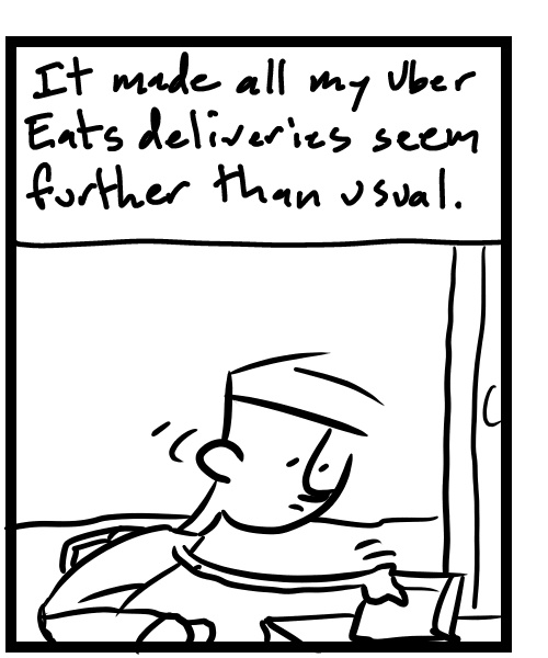 A four-panel comic about a person walking on buised heels while delivering food - Panel 2