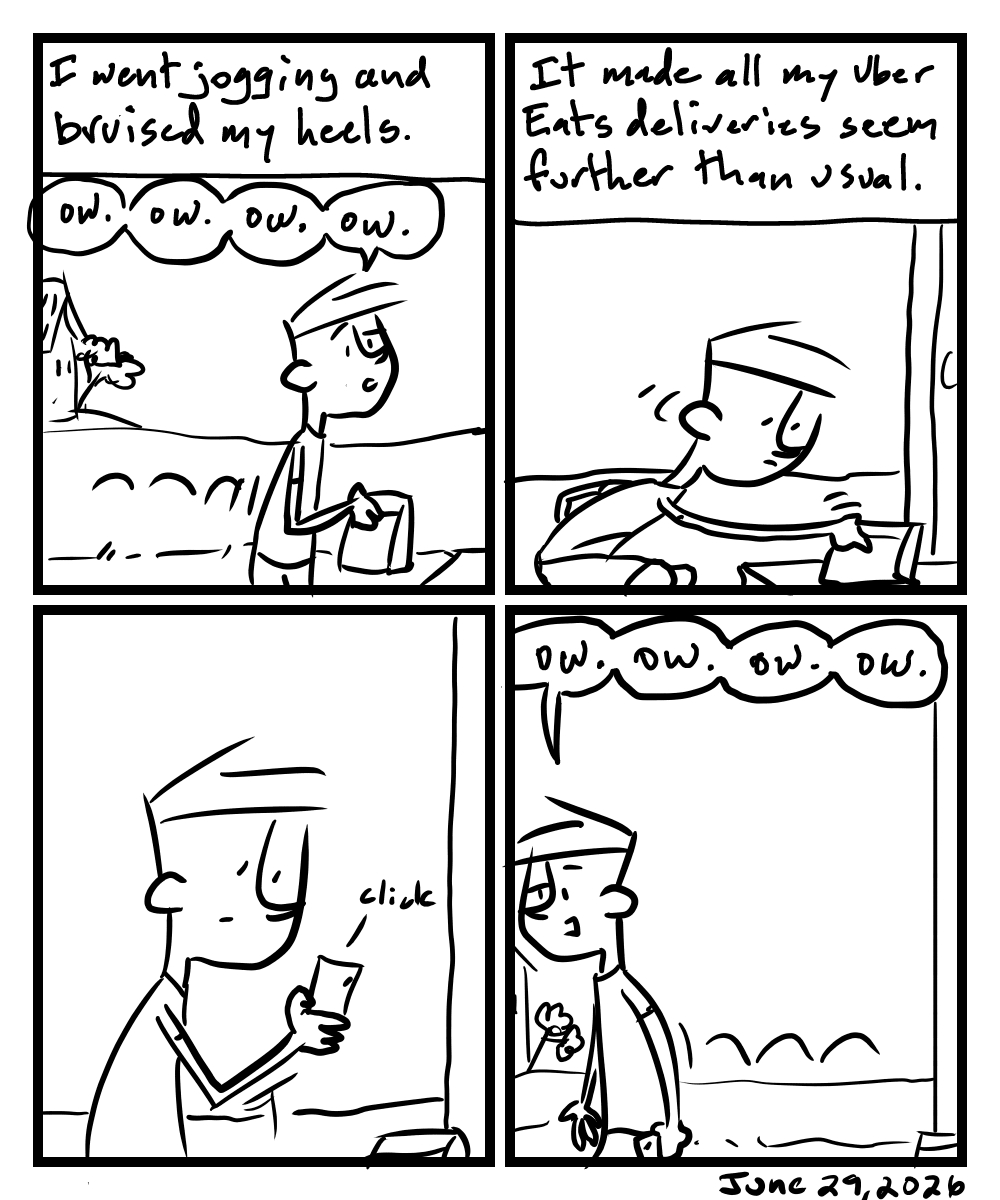 A four-panel comic about a person walking on buised heels while delivering food