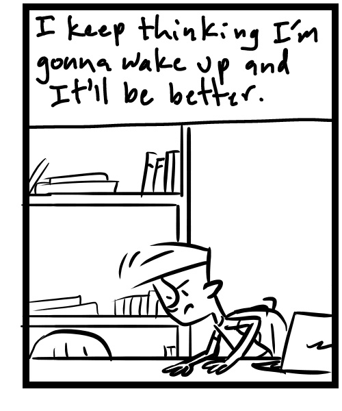 A four-panel comic about a person waddling around the house with bruised heels - Panel 3