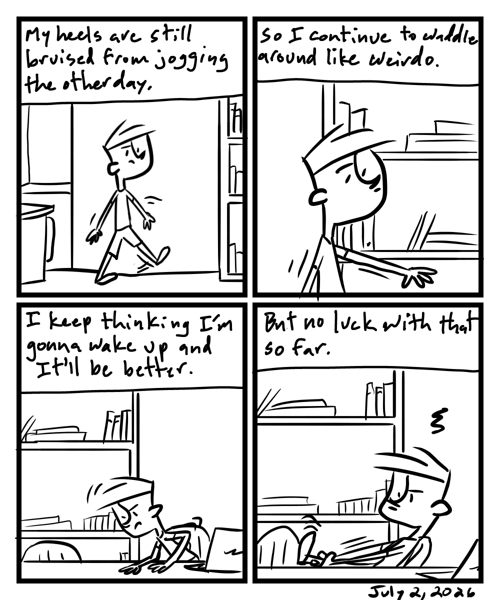A four-panel comic about a person waddling around the house with bruised heels