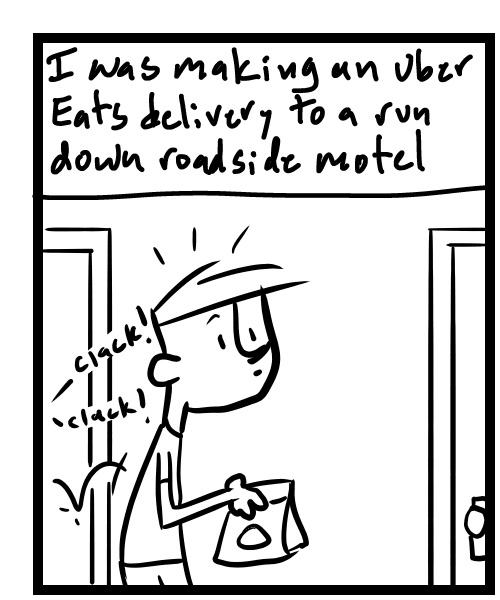 A four-panel comic about a person waddling down a motel hallway and people keep unlocking the doors - Panel 1