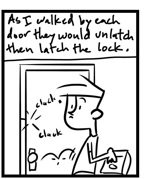 A four-panel comic about a person waddling down a motel hallway and people keep unlocking the doors - Panel 2