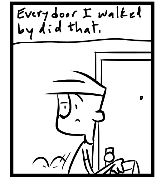 A four-panel comic about a person waddling down a motel hallway and people keep unlocking the doors - Panel 3