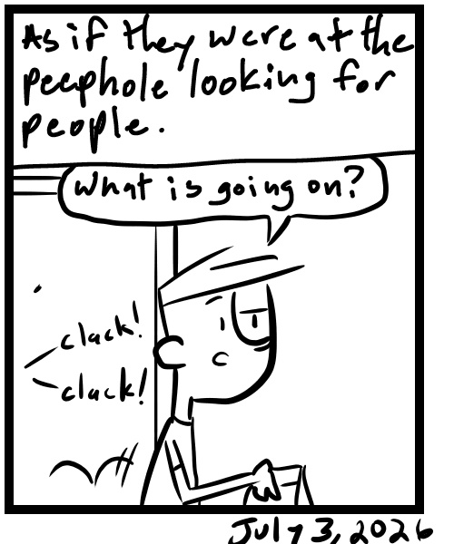 A four-panel comic about a person waddling down a motel hallway and people keep unlocking the doors - Panel 4