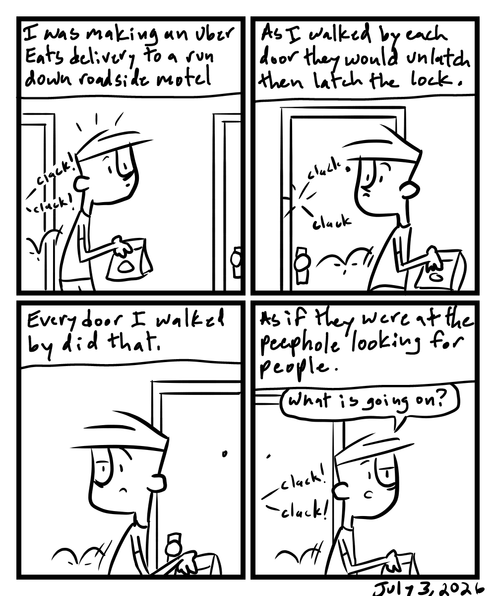 A four-panel comic about a person waddling down a motel hallway and people keep unlocking the doors