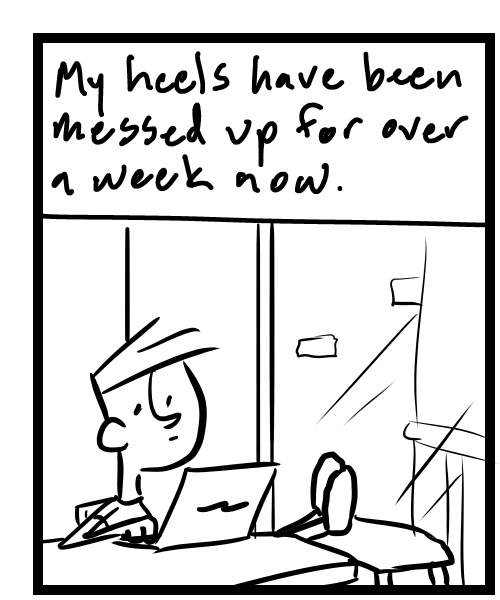 A four-panel comic about a person sitting with his injured feet elevated - Panel 1