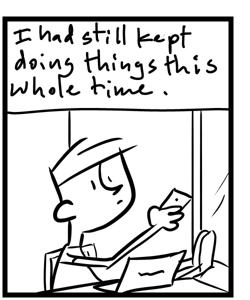 A four-panel comic about a person sitting with his injured feet elevated - Panel 2