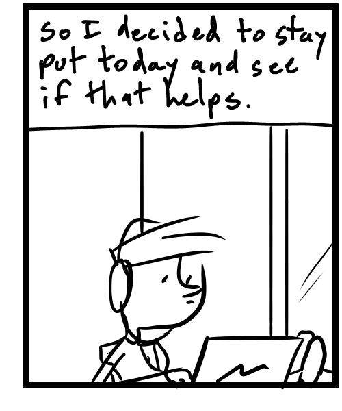 A four-panel comic about a person sitting with his injured feet elevated - Panel 3