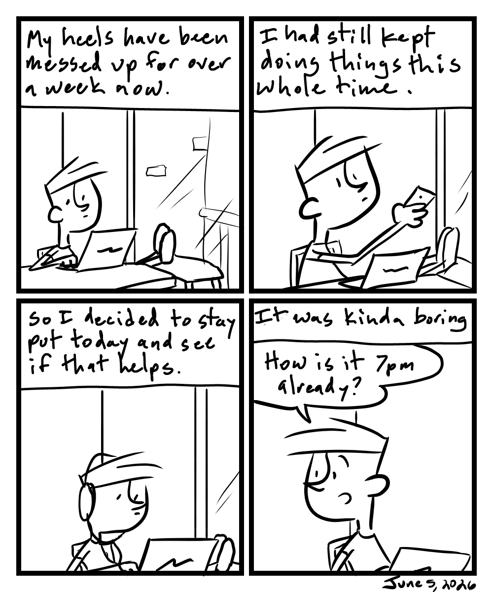 A four-panel comic about a person sitting with his injured feet elevated