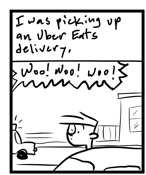 A four-panel comic about a person sitting seeing cop cars swarm a restaurant - Panel 1