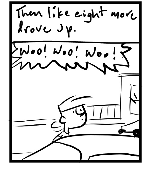 A four-panel comic about a person sitting seeing cop cars swarm a restaurant - Panel 3