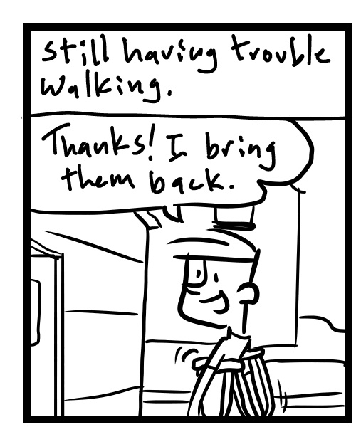 A four-panel comic about a person getting crutches to go to an outdoor concert - Panel 1