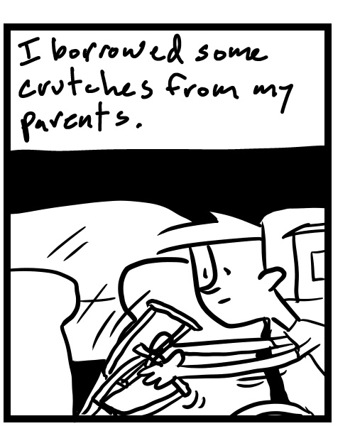 A four-panel comic about a person getting crutches to go to an outdoor concert - Panel 2