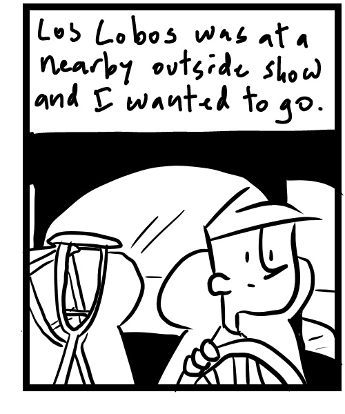 A four-panel comic about a person getting crutches to go to an outdoor concert - Panel 3