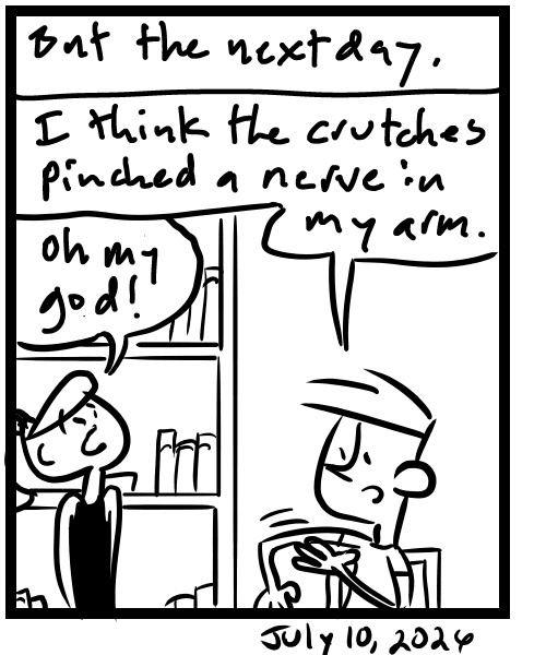 A four-panel comic about a person getting crutches to go to an outdoor concert - Panel 4