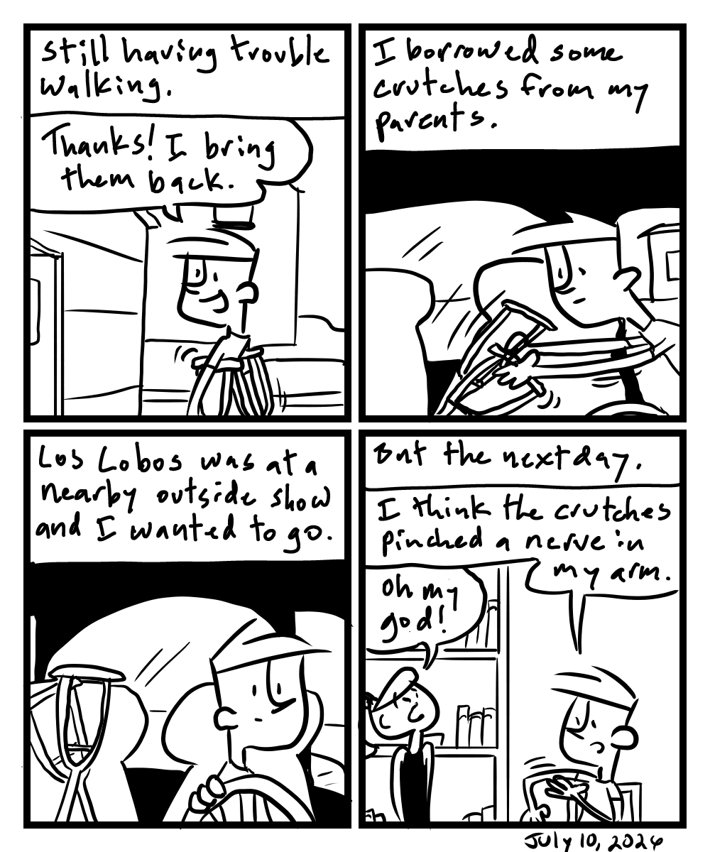 A four-panel comic about a person getting crutches to go to an outdoor concert