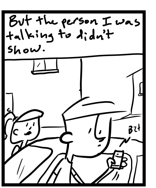 A four-panel comic about a person getting a message about a podcast interview while parking the car - Panel 2