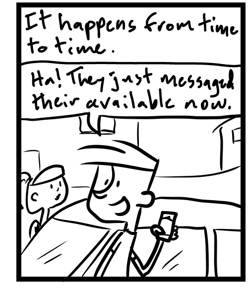 A four-panel comic about a person getting a message about a podcast interview while parking the car - Panel 3