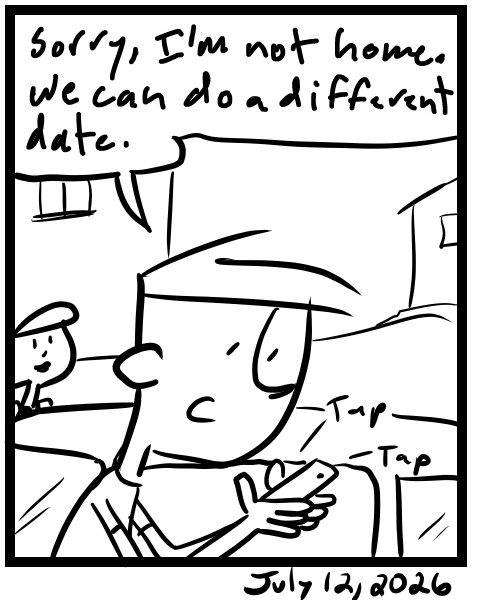 A four-panel comic about a person getting a message about a podcast interview while parking the car - Panel 4