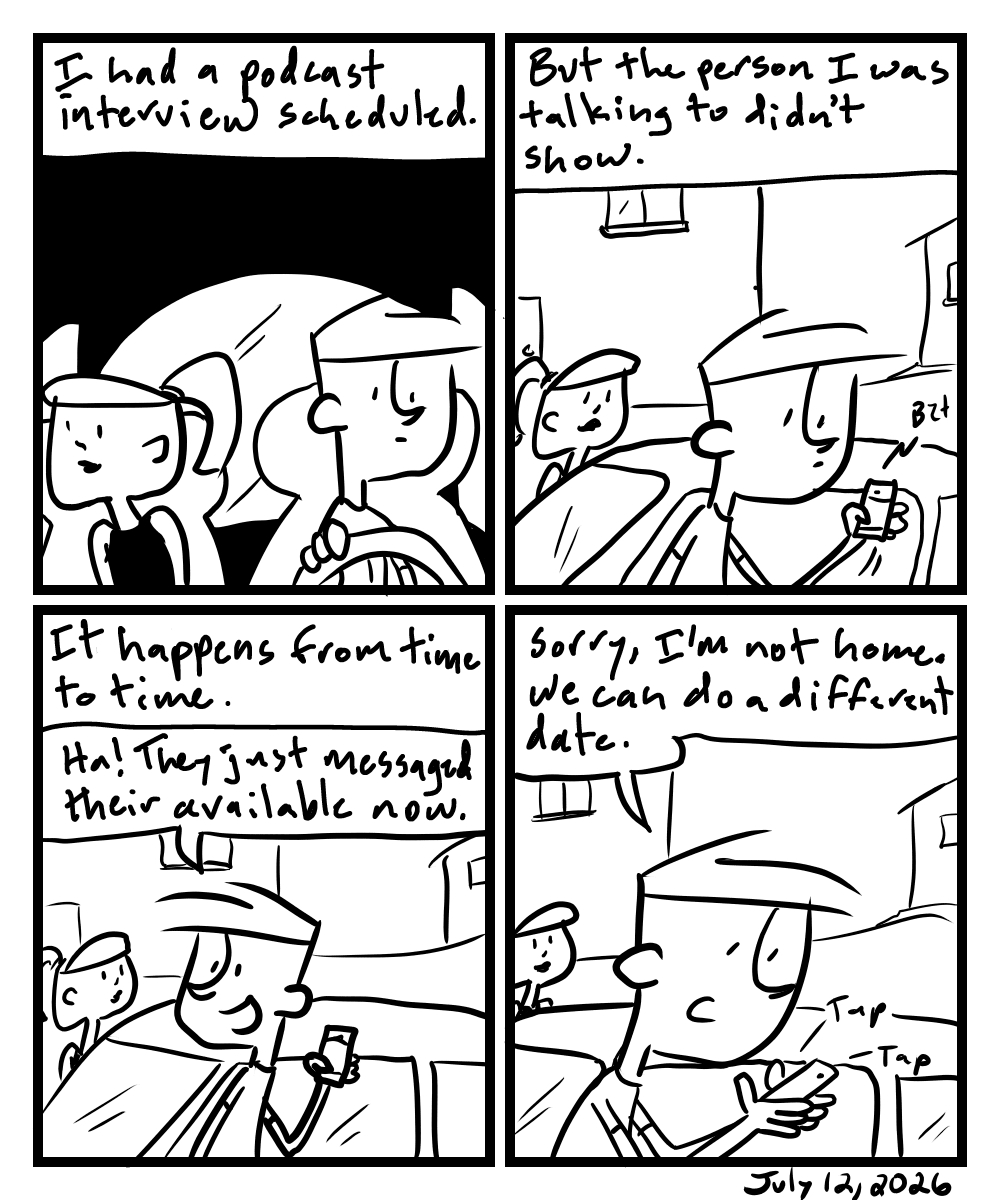 A four-panel comic about a person getting a message about a podcast interview while parking the car