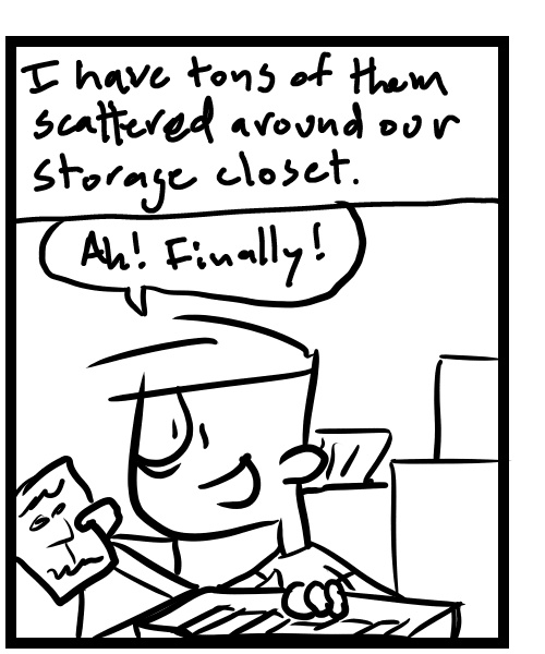 A four-panel comic about a person digging through boxes in a storage closet for dvds - Panel 2