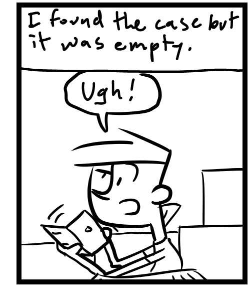 A four-panel comic about a person digging through boxes in a storage closet for dvds - Panel 3