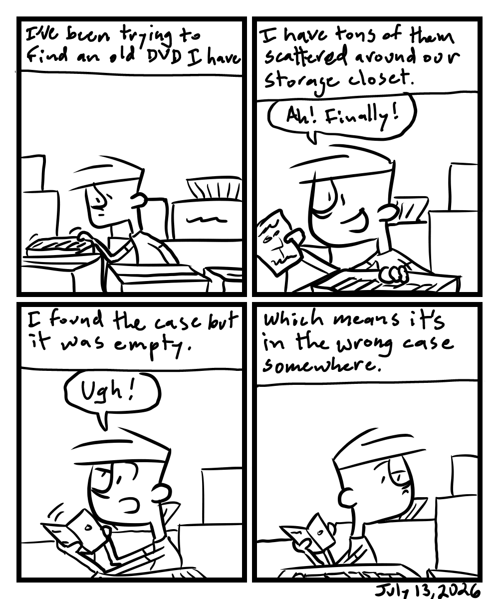 A four-panel comic about a person digging through boxes in a storage closet for dvds