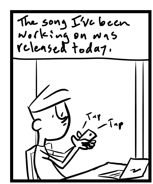 A four-panel comic about a person posting promos for a song and riding a bike and smelling something - Panel 1