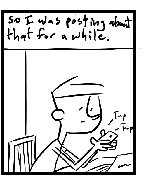 A four-panel comic about a person posting promos for a song and riding a bike and smelling something - Panel 2