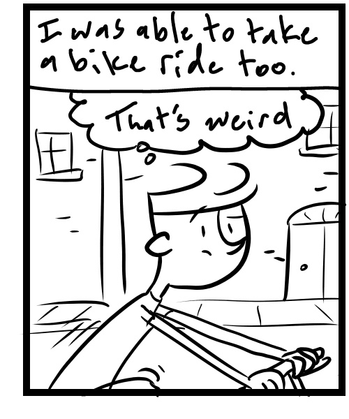 A four-panel comic about a person posting promos for a song and riding a bike and smelling something - Panel 3