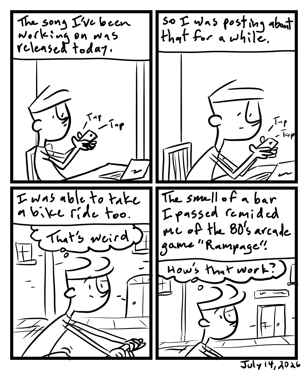 A four-panel comic about a person posting promos for a song and riding a bike and smelling something