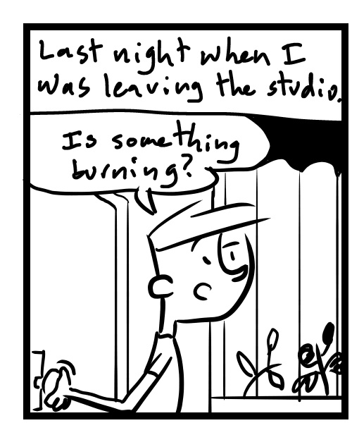 A four-panel comic about a person who smells smoke when walking outside his studio - Panel 1