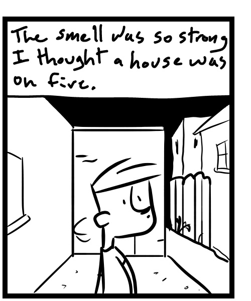 A four-panel comic about a person who smells smoke when walking outside his studio - Panel 2