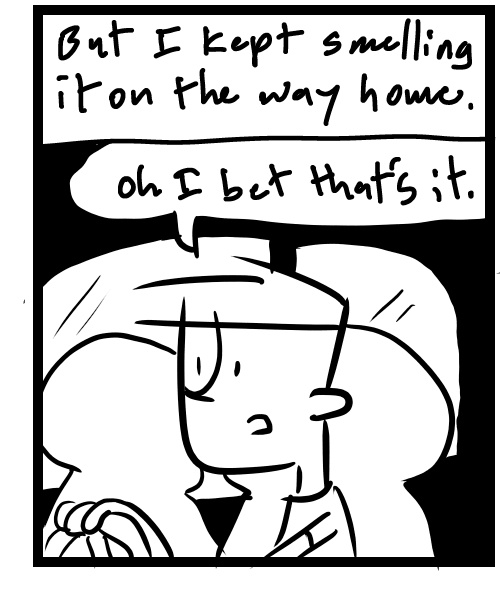 A four-panel comic about a person who smells smoke when walking outside his studio - Panel 3