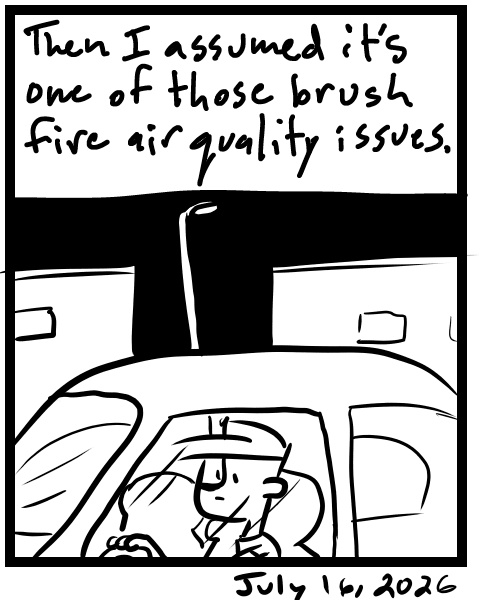 A four-panel comic about a person who smells smoke when walking outside his studio - Panel 4