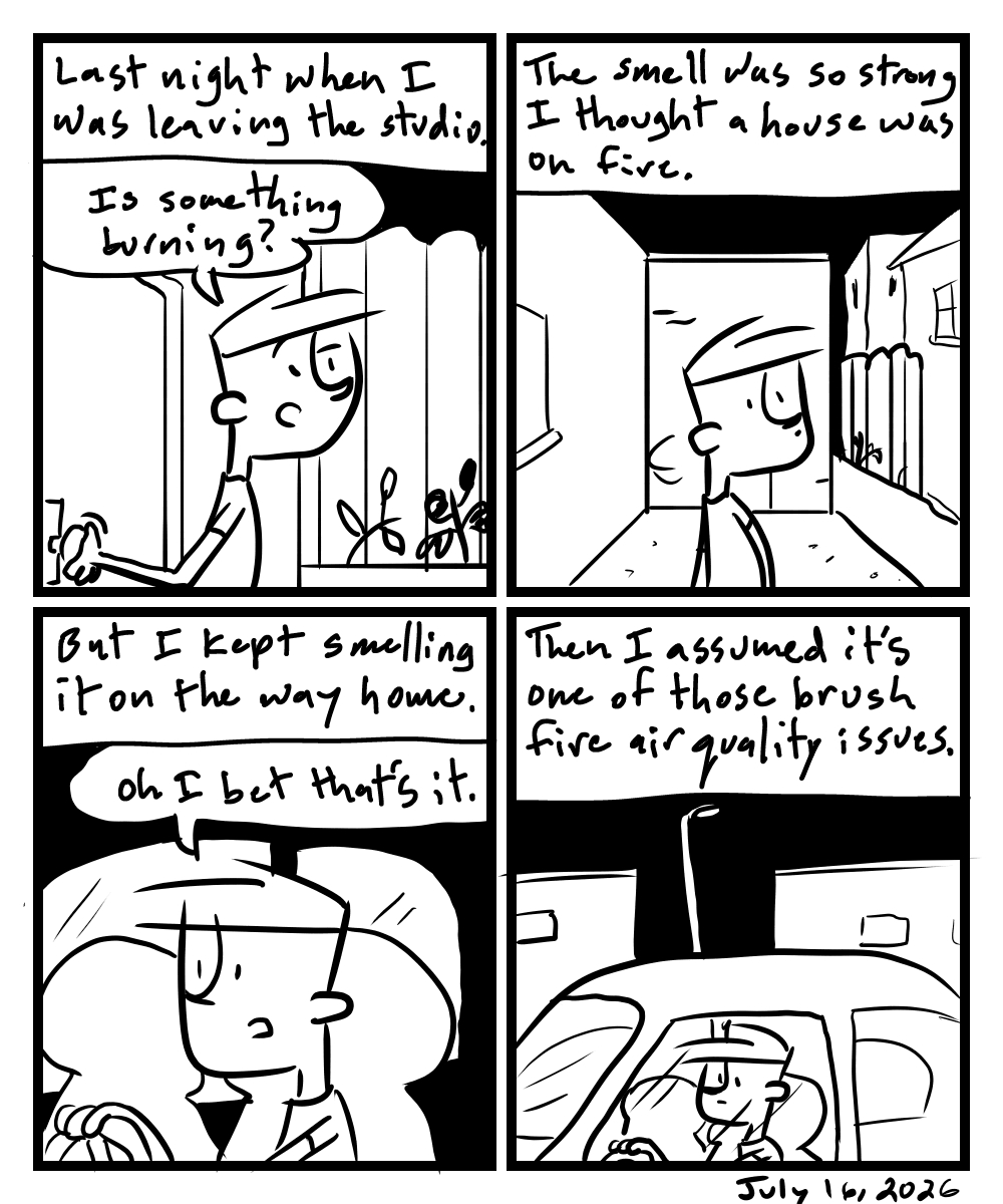 A four-panel comic about a person who smells smoke when walking outside his studio