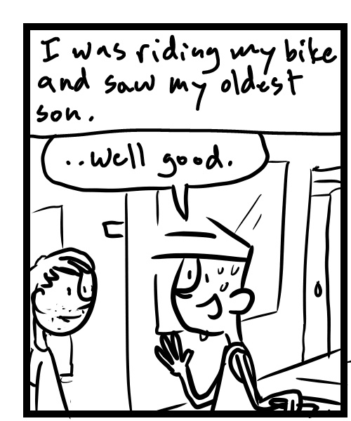 A four-panel comic about a person running into his son walking down the street - Panel 1
