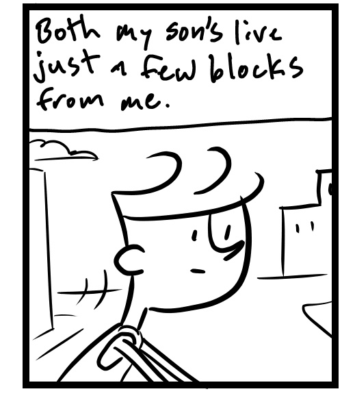 A four-panel comic about a person running into his son walking down the street - Panel 3