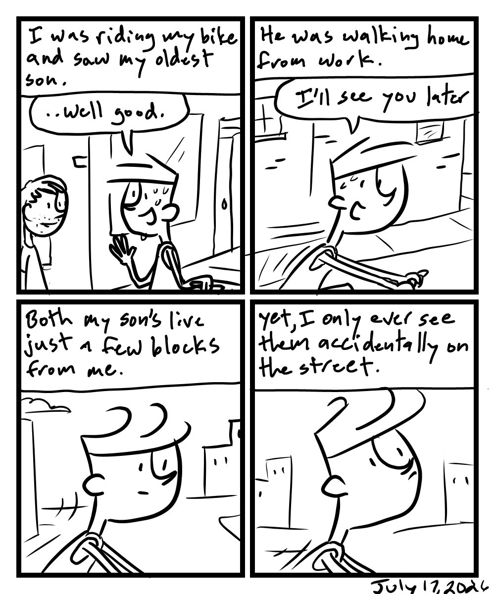 A four-panel comic about a person running into his son walking down the street