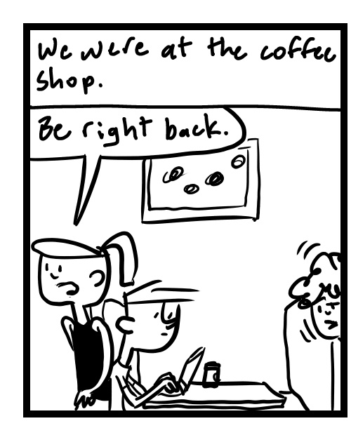 A four-panel comic about a woman going to a table and talking nonsense to the person sitting there - Panel 1