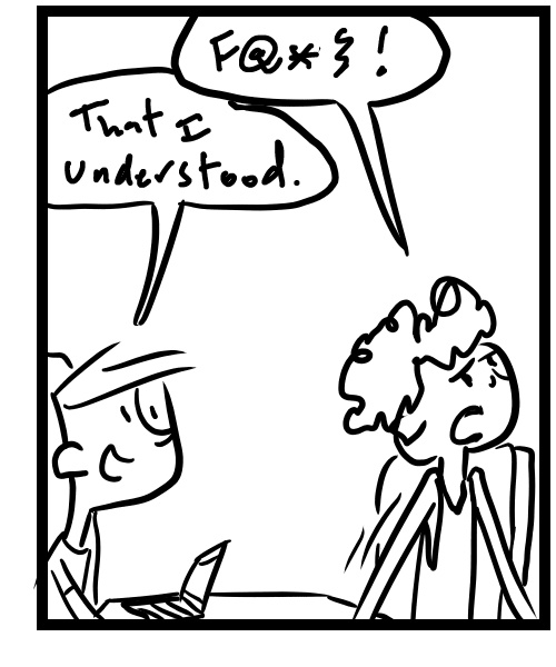 A four-panel comic about a woman going to a table and talking nonsense to the person sitting there - Panel 3