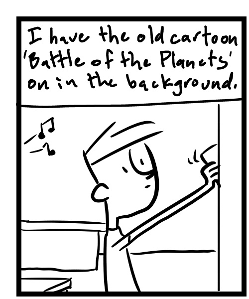 A four-panel comic about a person listening to the cartoon Battle of the Planets music play - Panel 1